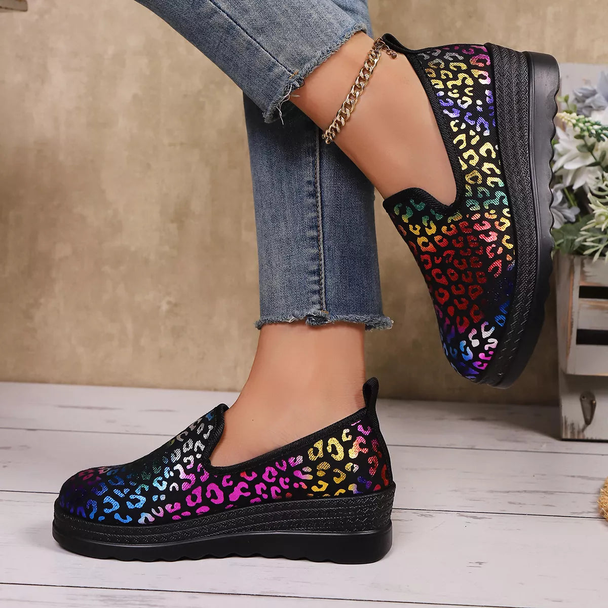 Women's Leopard Print Wedge Slip-On Shoes – Round Toe Low Heel Comfort Mules