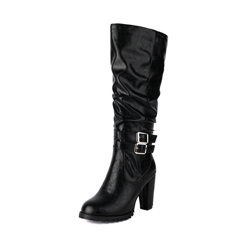 Women's Over The Knee Boots Round Toe Side Zipper Chunky Heel Thigh High Boots