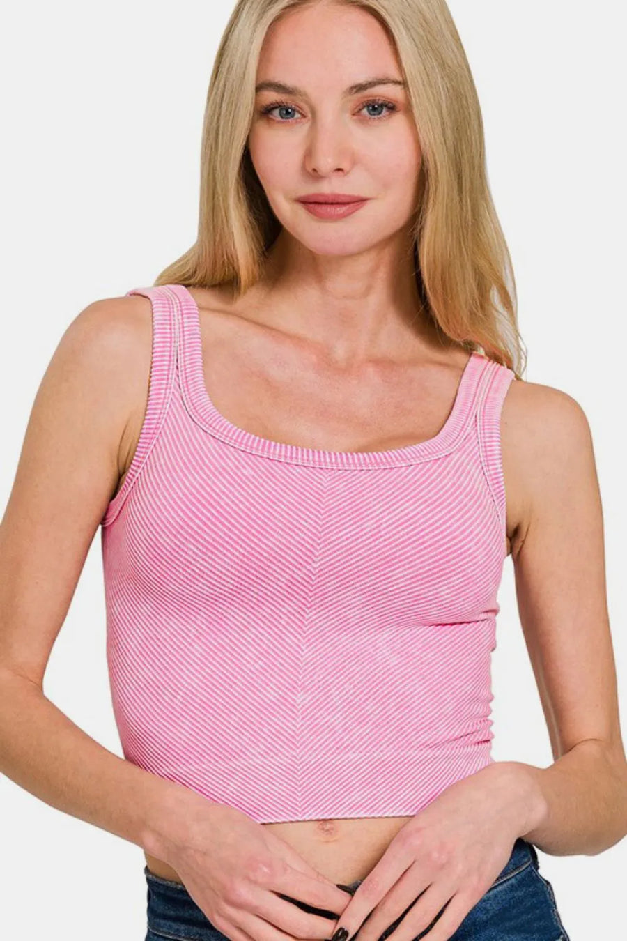 Washed Ribbed Scoop Neck Wide Strap Tank — CANDY PINK