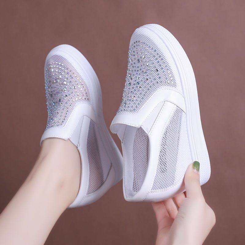 Women's Breathable Mesh Hidden-Heel Sneakers – Lightweight Rhinestone Casual Shoes