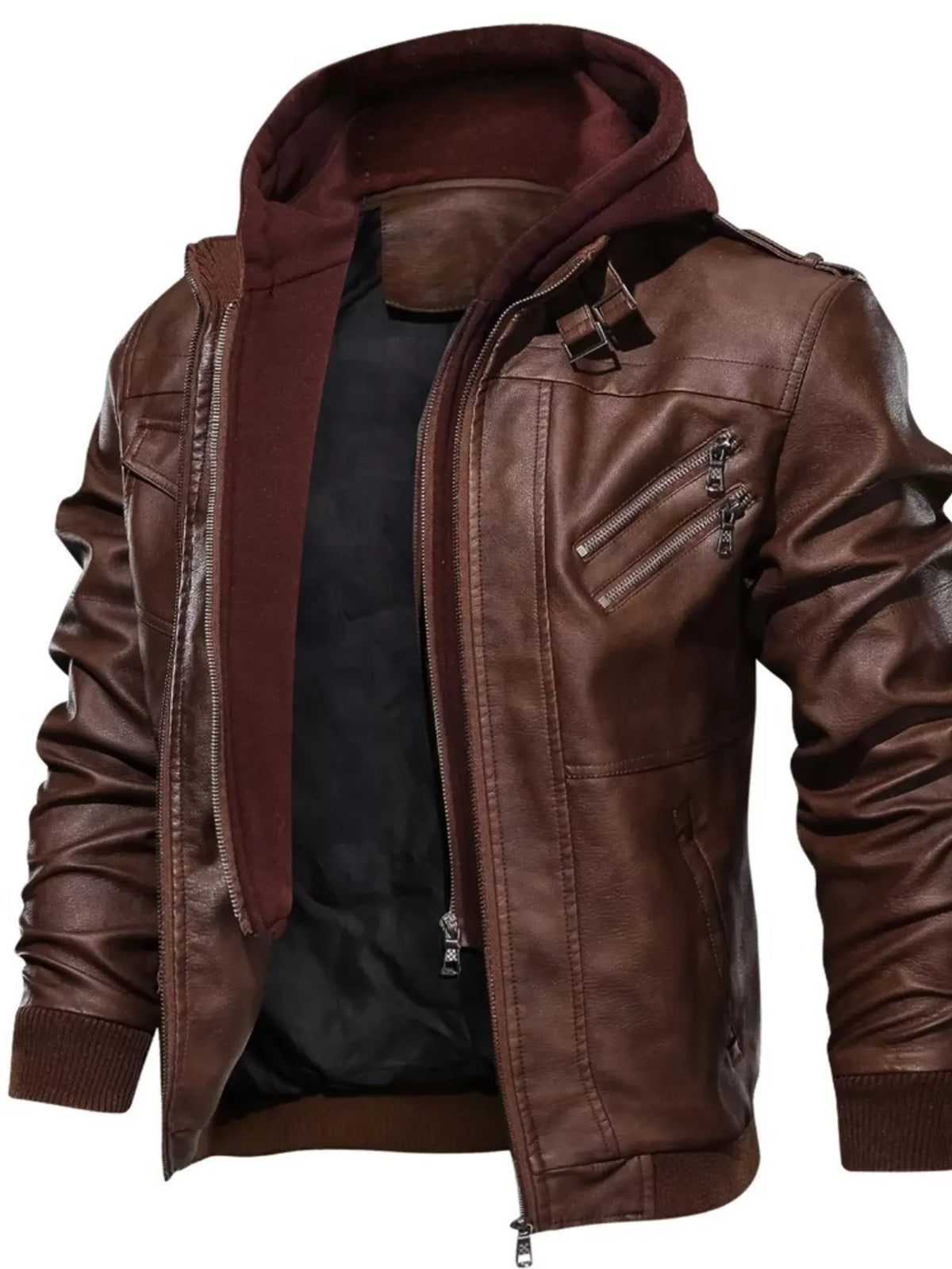 Men's Hooded Faux Leather Moto Jacket — photo 7