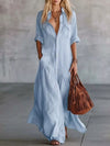 Light blue button-front roll-sleeve maxi dress with pockets.