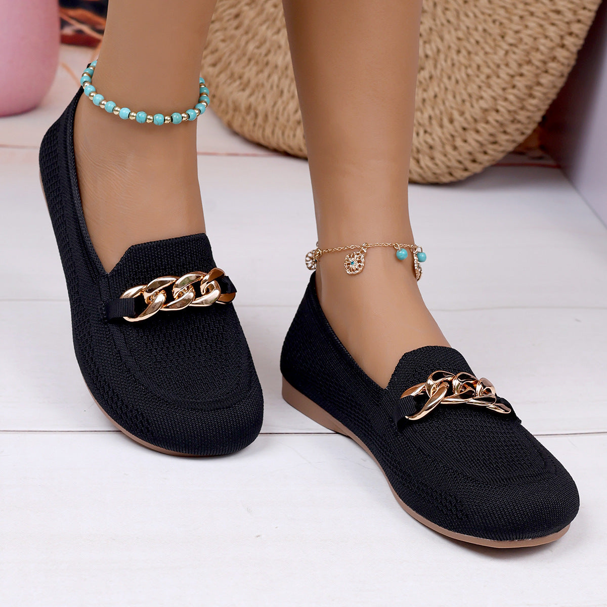 Women's Breathable Metal Chain Loafers - Soft Sole Slip-On Flats