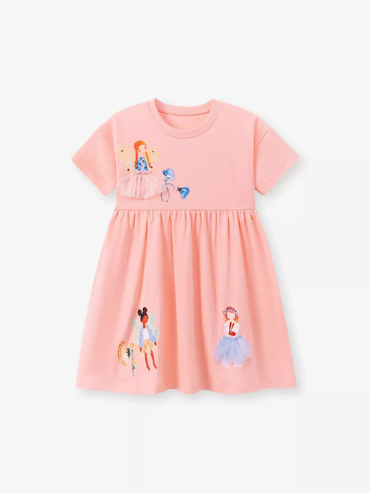 Another view: Fairy Embroidered Cotton Dress — Watermelon Pink