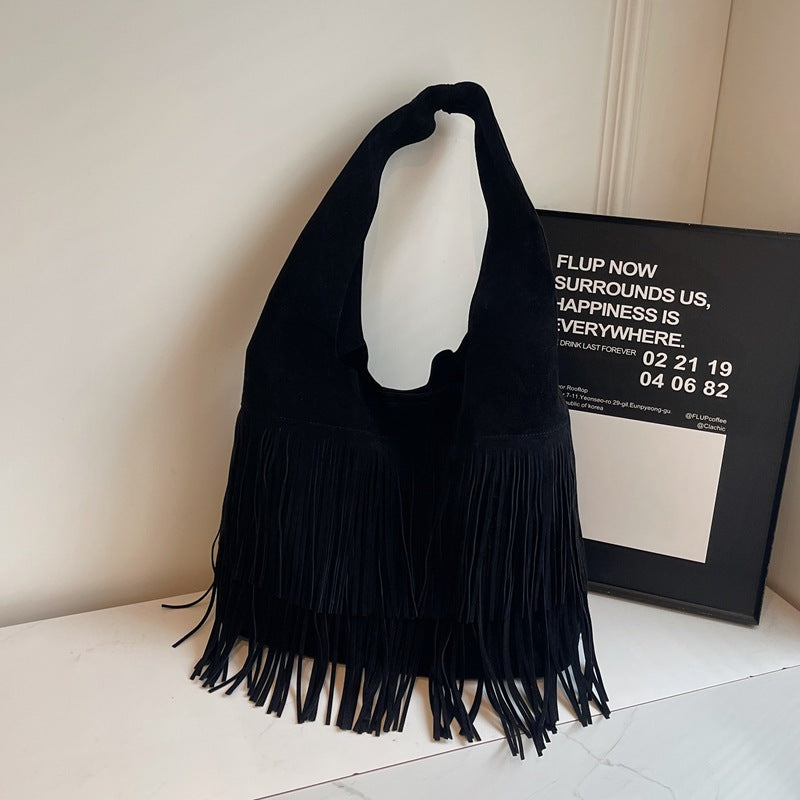 Retro Tassel Bucket Bag for Women – PU Leather Shoulder Bag with Suede Lining