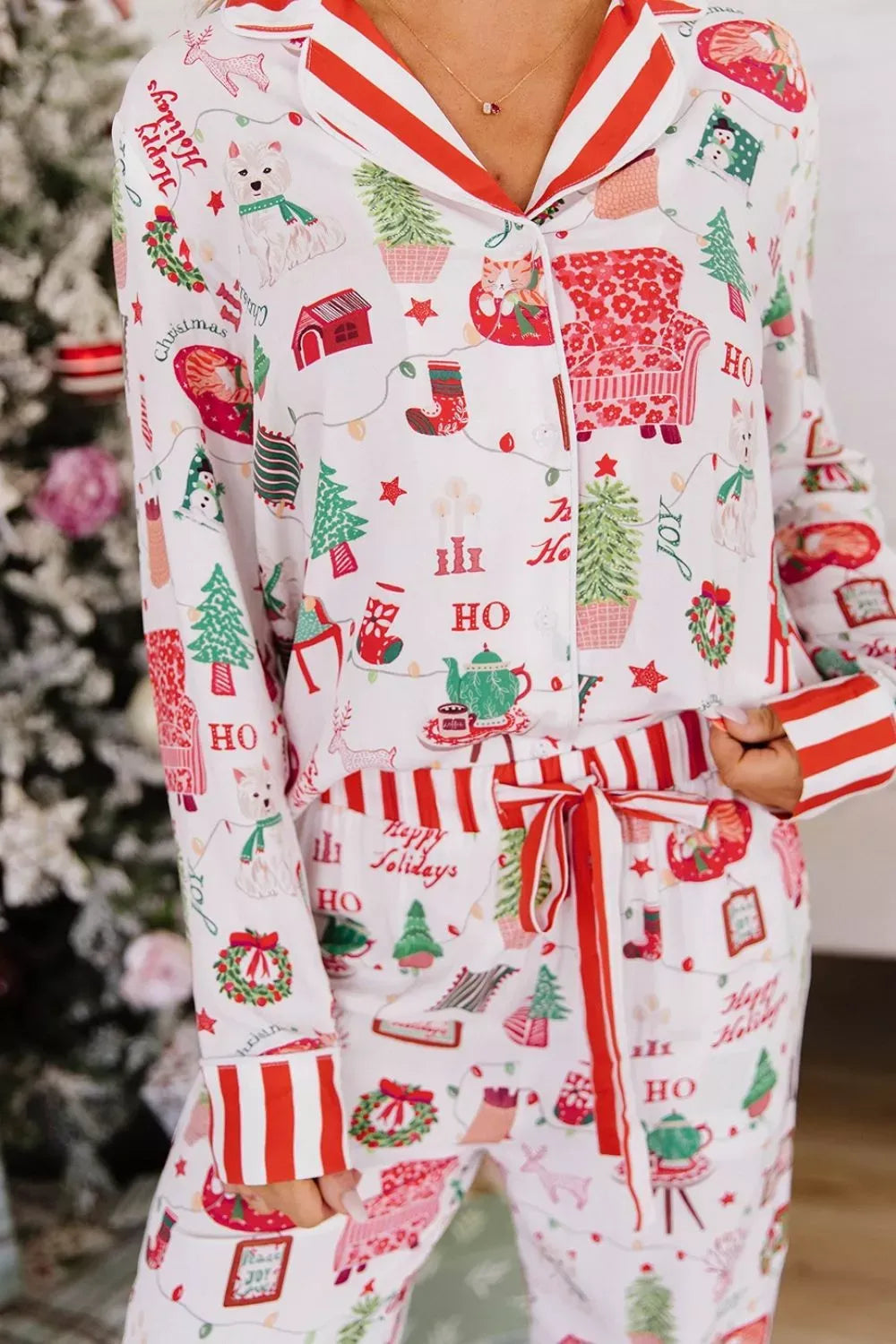 Women's Striped Holiday Button-Up Lounge Set — photo 6