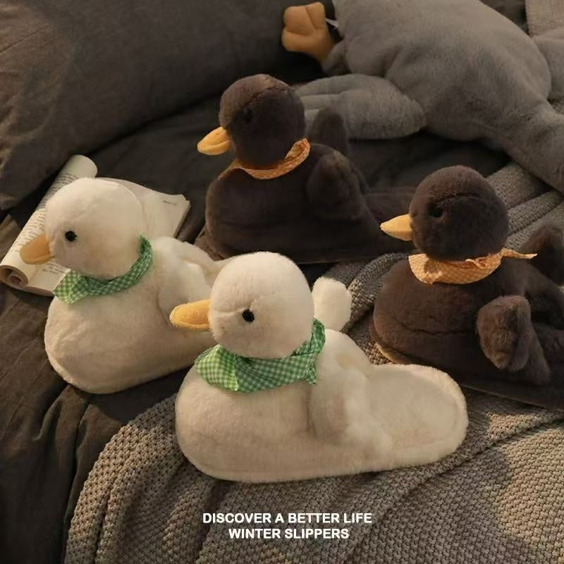 Women's Cute Duck Cartoon Slippers - Cozy Furry Non-Slip Indoor House Shoes