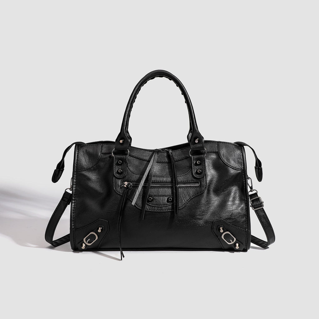 Women's French-Style Studded Biker Crossbody Bag - Premium PU Leather Shoulder Bag