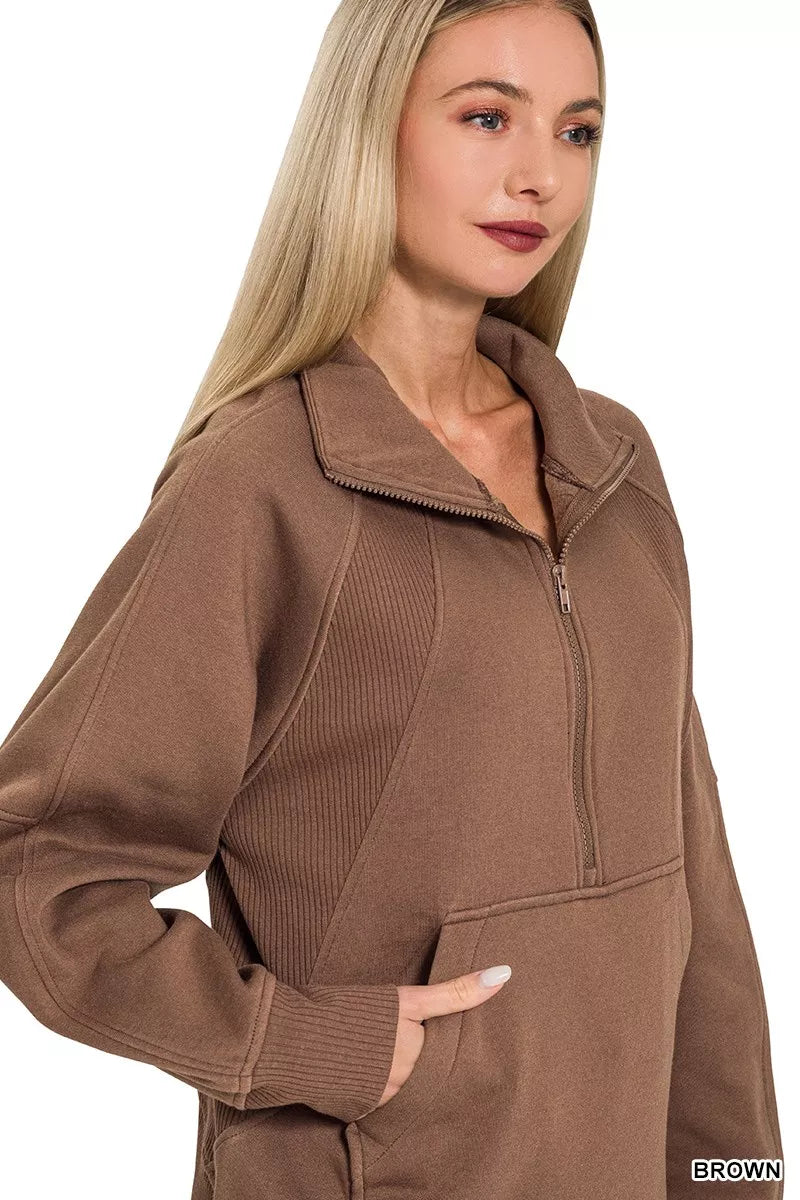 Zenana Half Zip Fleece Sweatshirt with kangaroo Pocket