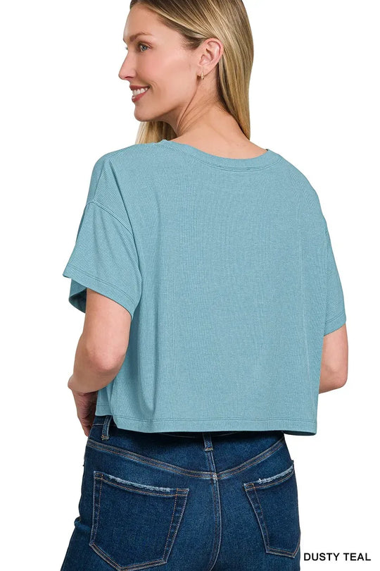 Another view: Ribbed Round-Neck Crop T-Shirt — Dusty Teal