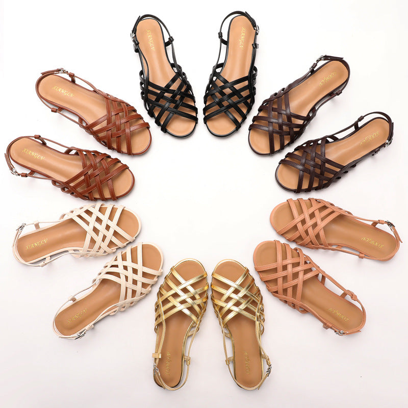 Women's Woven Openwork Sandals - Breathable Roman Style Buckle Sandals