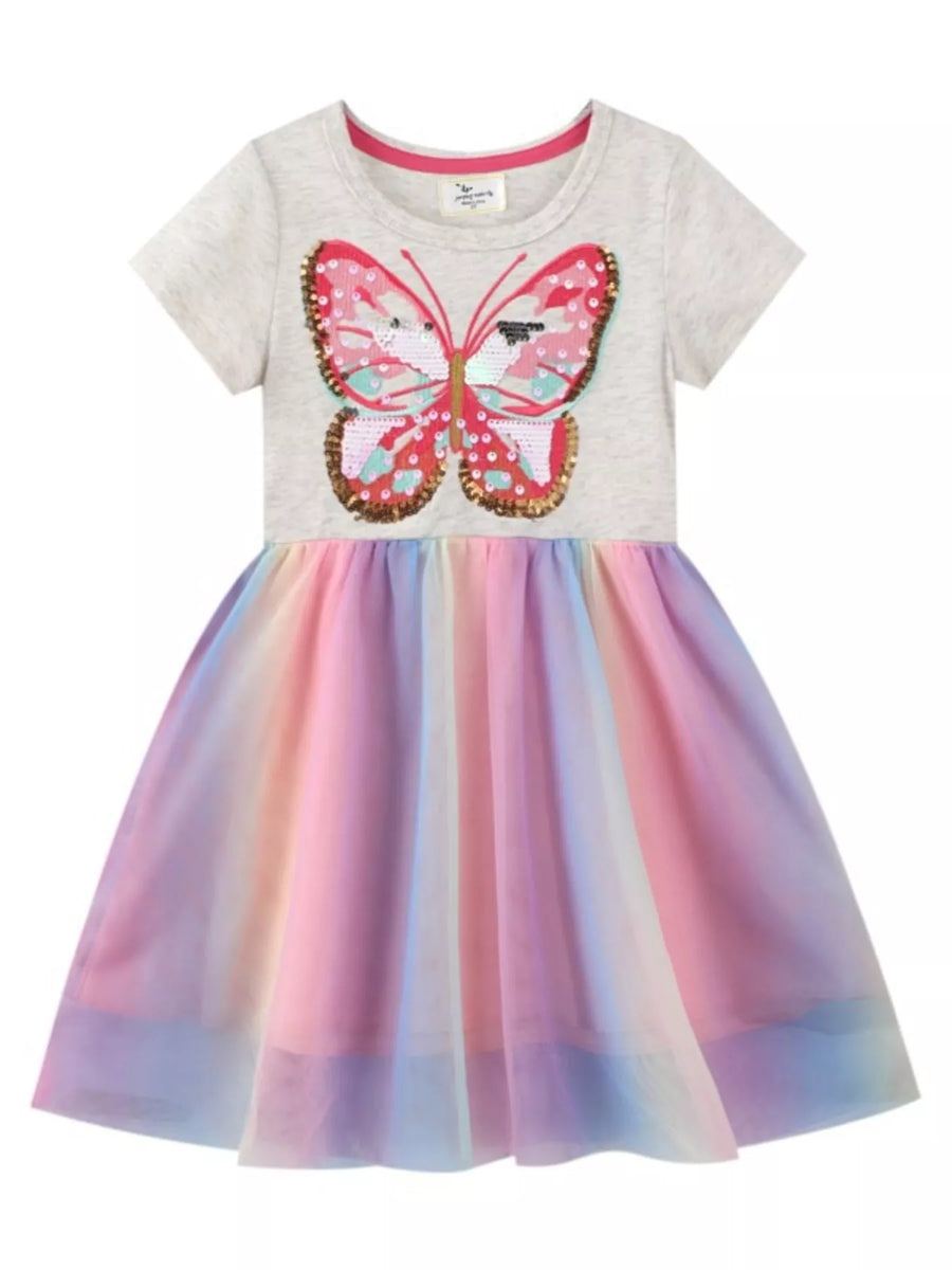 Girls' Butterfly Sequin Rainbow Tulle Dress — Light Gray