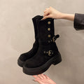 Women's Matte Suede Block Heel Boots – British Style Mid-Calf Slip-On with Thick Non-Slip Sole
