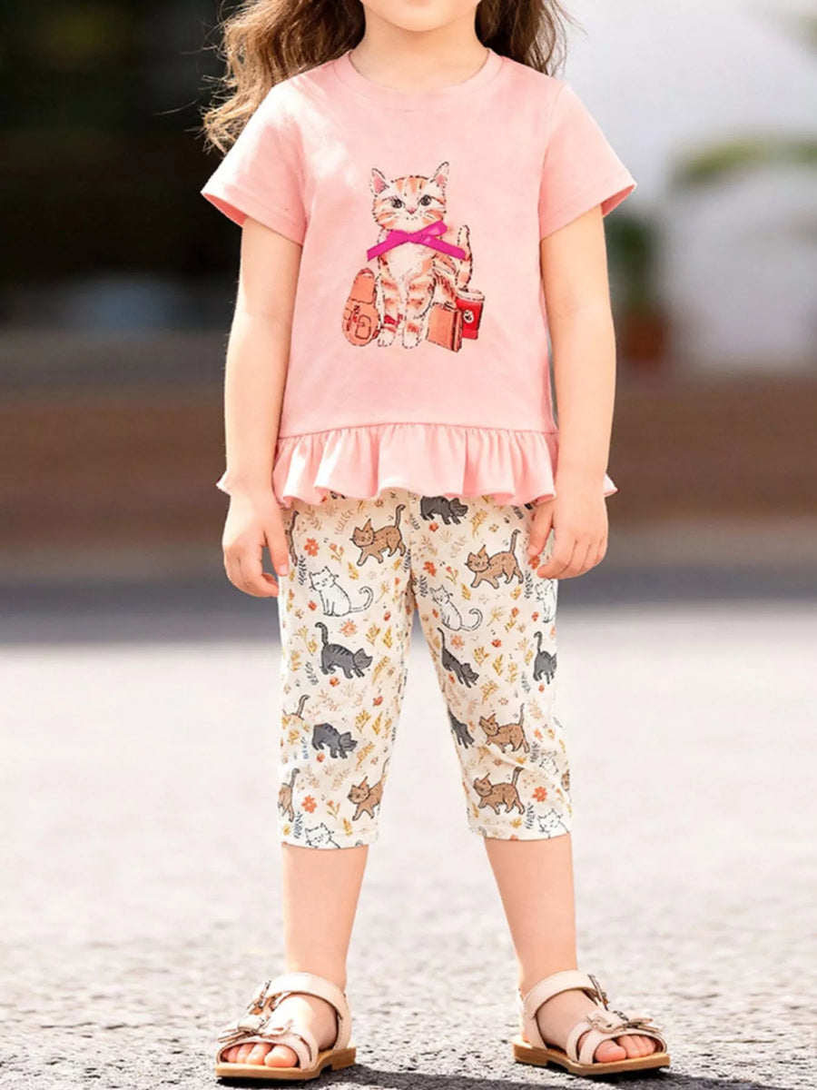 Adventure Club Cat Ruffled Hem T-Shirt and Shorts Set