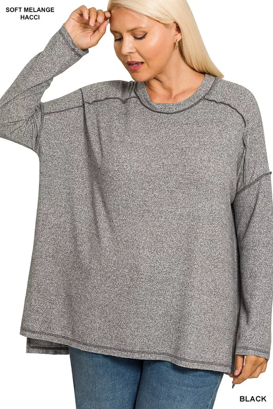 Another view: Curve Melange Hacci Exposed Seam High-Low Tee — Black
