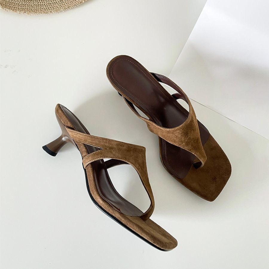 Women's Retro-Chic Square Toe Thong Stiletto Sandals – Buckle Closure Mid Heel