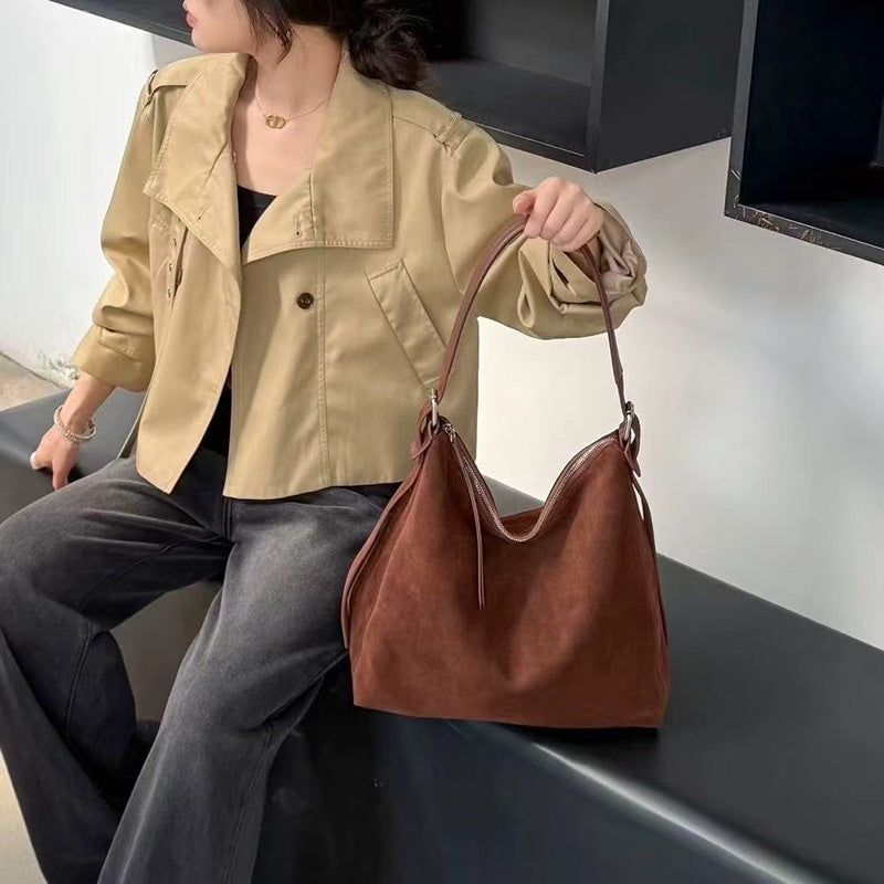 Women's Suede Crossbody Shoulder Bag | High-Capacity Commuter Bag with Zipper Pocket