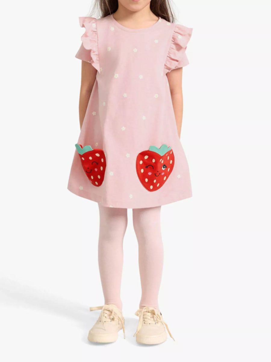 Kids' Strawberry Appliqué Ruffle-Sleeve Dress – Blush Pink