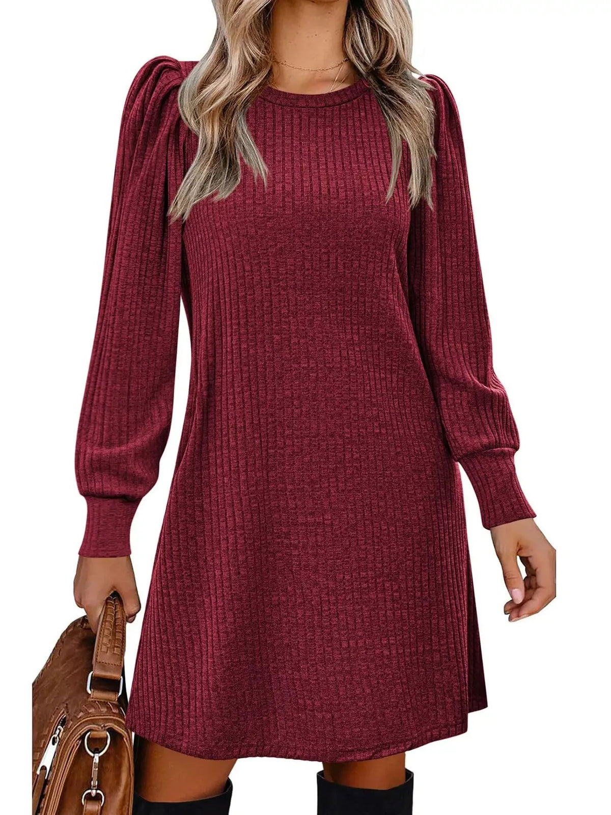 Puff-Sleeve Ribbed Knit Dress with Pockets — photo 9