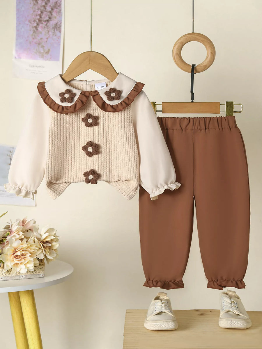 Floral Appliqué Ruffle Top & Pants Set — Tan