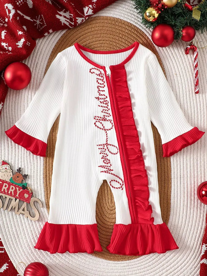 Baby Christmas Ruffle-Trim Ribbed Jumpsuit