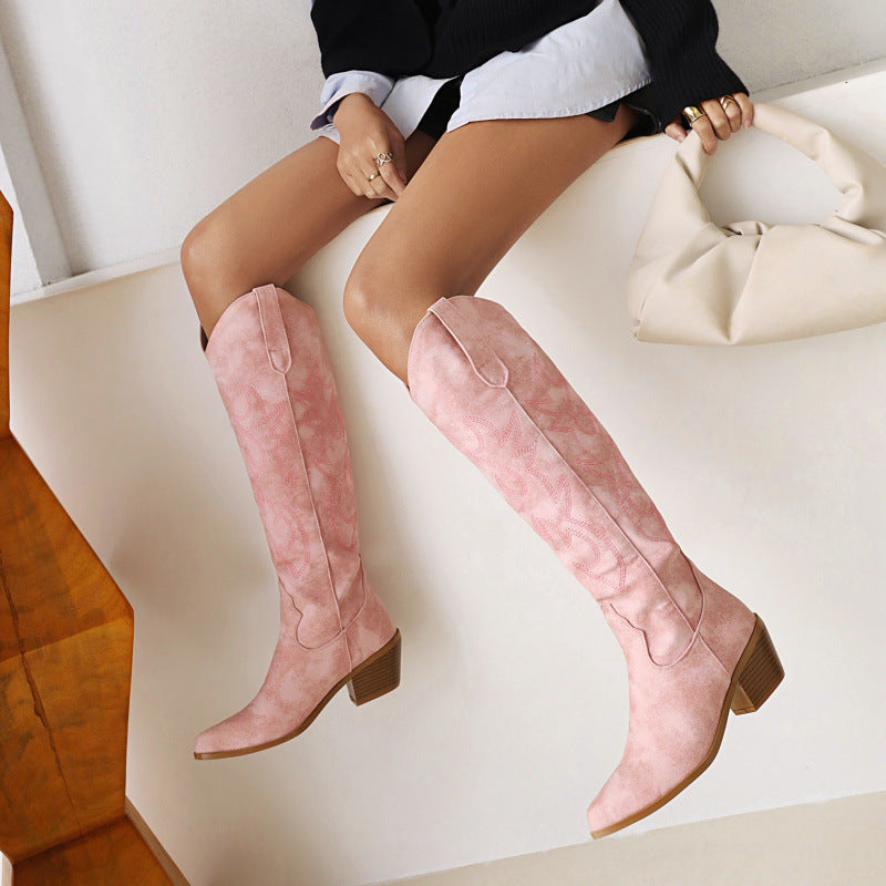 Women's Western Cowboy Embroidered High-Heel Boots – Chunky Heel Slip-On