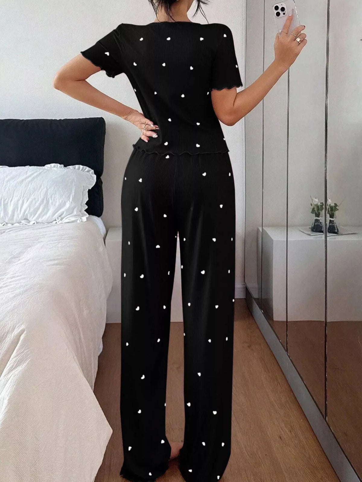 Women's Heart-Print Lettuce-Trim Loungewear Set