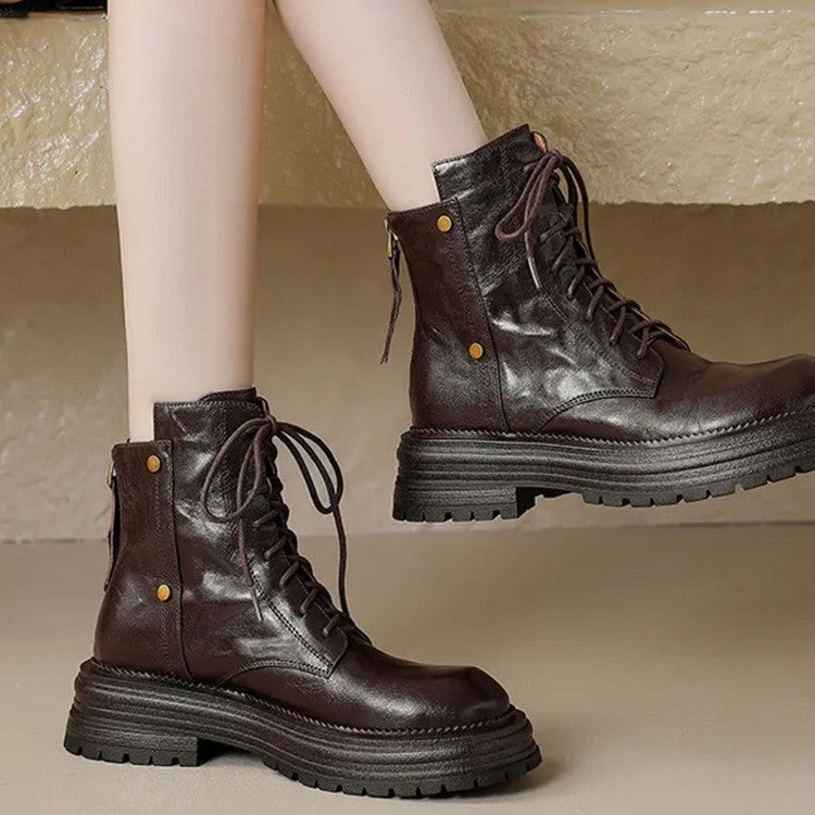 Women's Chunky Sole Lace-Up Ankle Boots - Warm Winter Faux Leather Boots with Tassel Detail