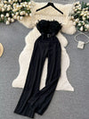 Feather-trim strapless belted wide-leg jumpsuit