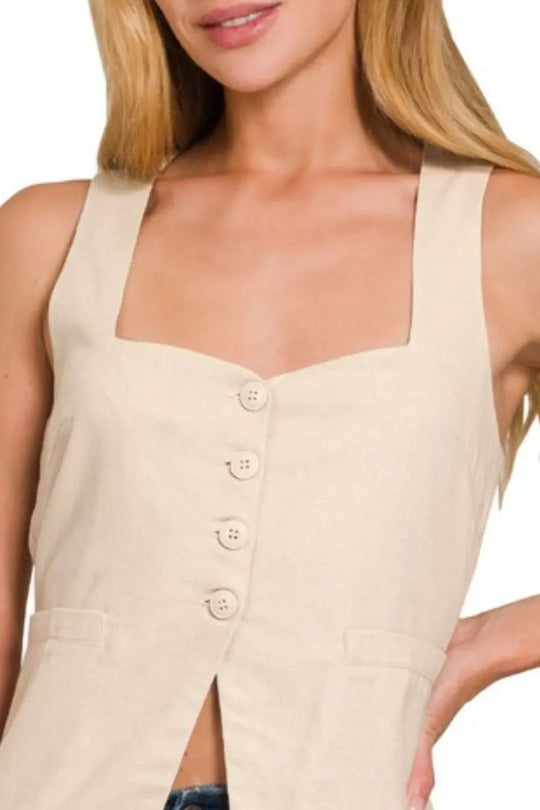 Another view: Linen Tie-back 4-button Vest with Lining — Sand Beige