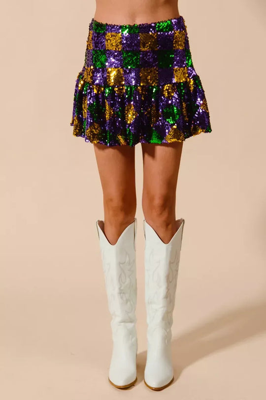 Another view: SO ME Mardi Gras Checker Sequin Mini Skirt