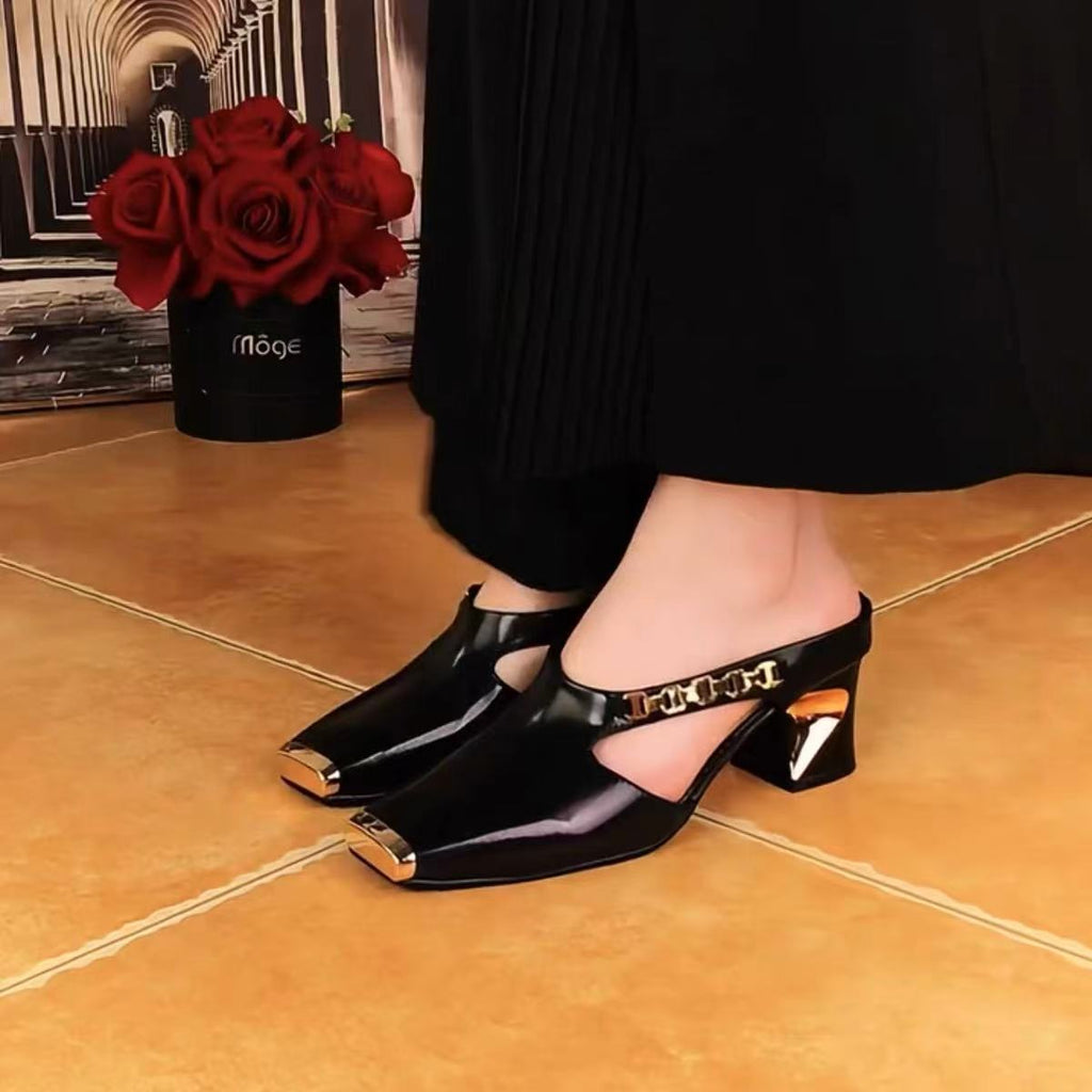 Women's Square-Toe Metal-Cap Platform Sandals | PU Upper Half-Slipper Heels