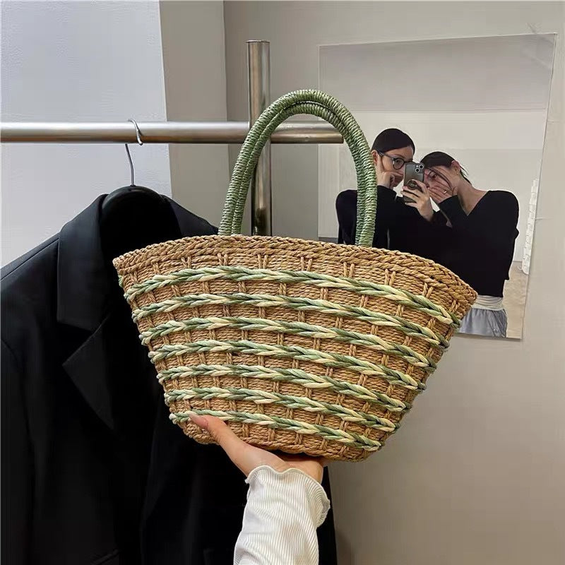 Handwoven Straw Beach Basket Bag - Color Block Shoulder Tote for Women