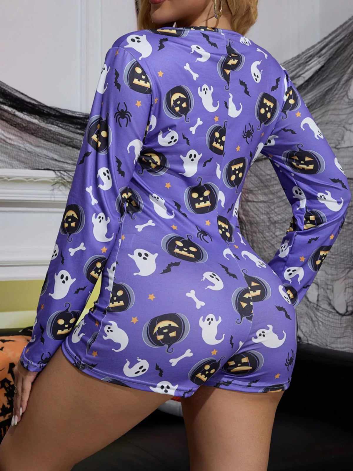 Pumpkin Print Button-Front Lounge Romper
