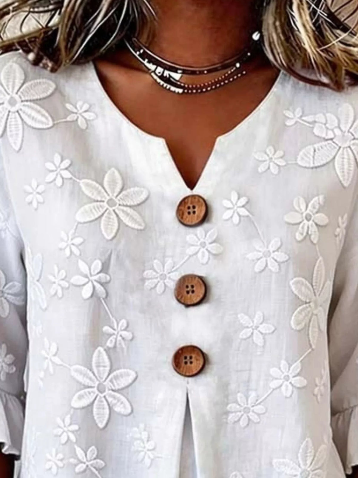 White Floral Button-Detail 3/4-Sleeve Blouse