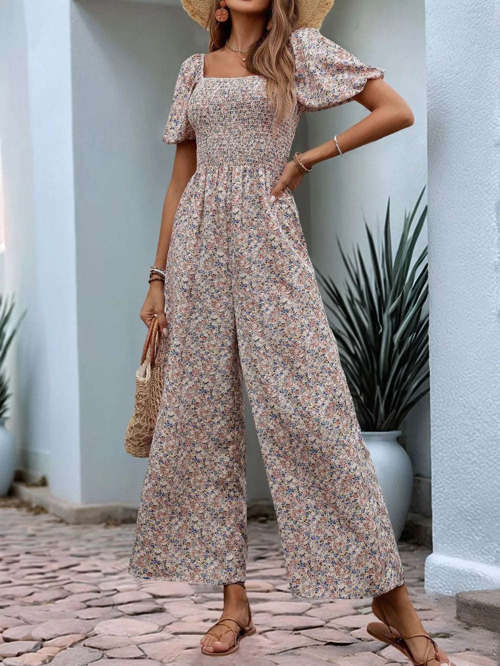 Valentina Ditsy Floral Smocked Square Neck Puff Sleeve Jumpsuit