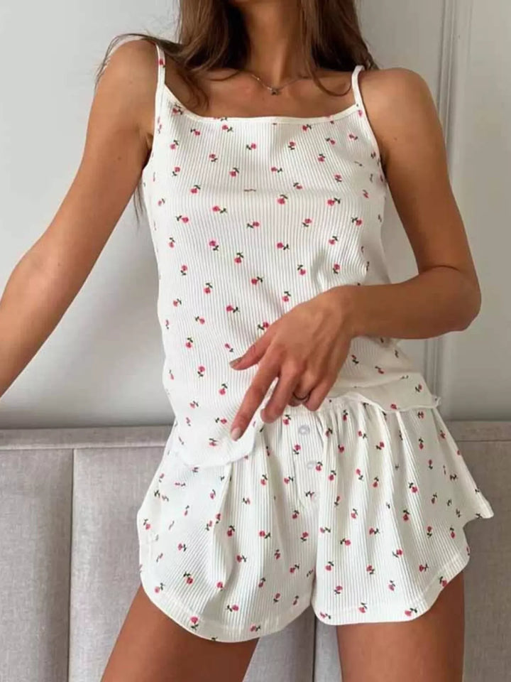Floral Ribbed-Knit Cami & Shorts Lounge Set — Cream