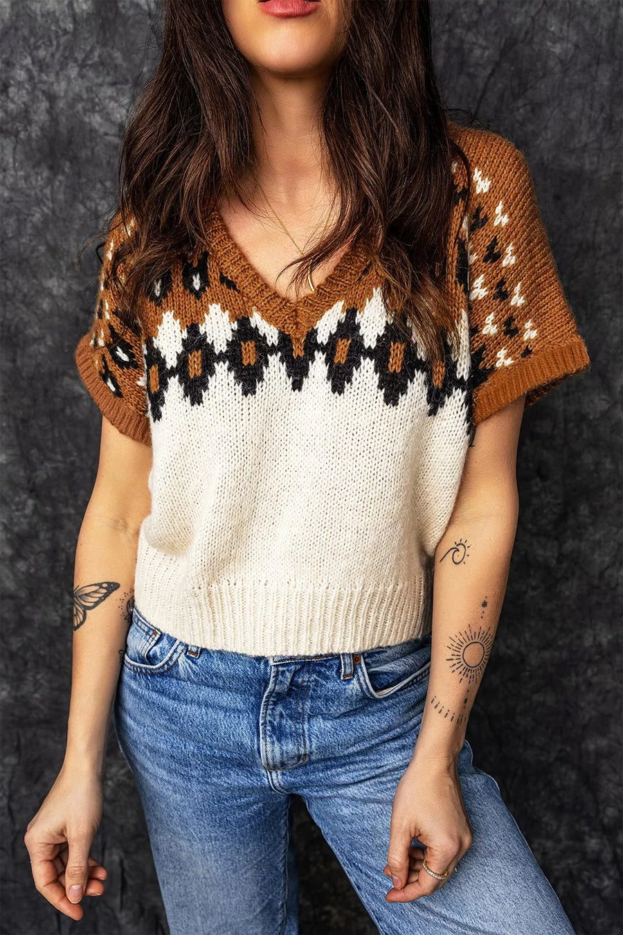 V-Neck Short-Sleeve Geometric Sweater