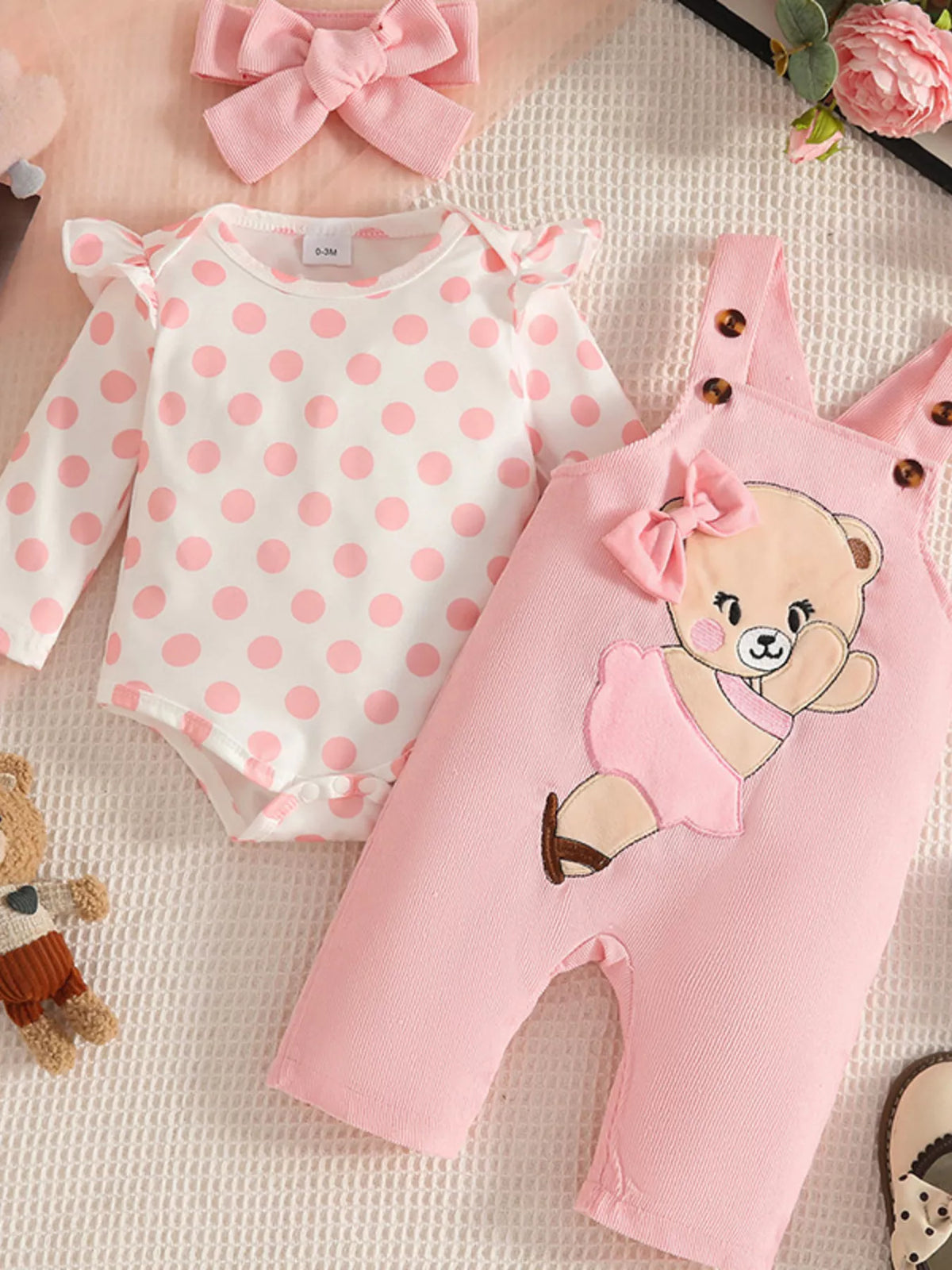 Bluebird Lane Polka Dot Bodysuit and Overalls Set with Headband
