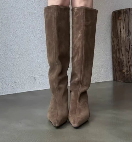 Women's Genuine Cowhide Sheepskin-Lined Stiletto High Boots | Pointed Toe Back Zipper | Coffee Brown