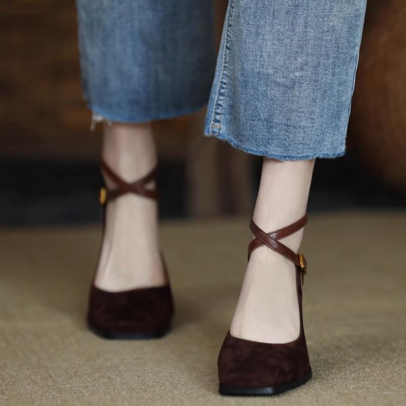 Women's Retro Chunky Heel Suede Pumps | Square Toe High Heels | Brown & Black