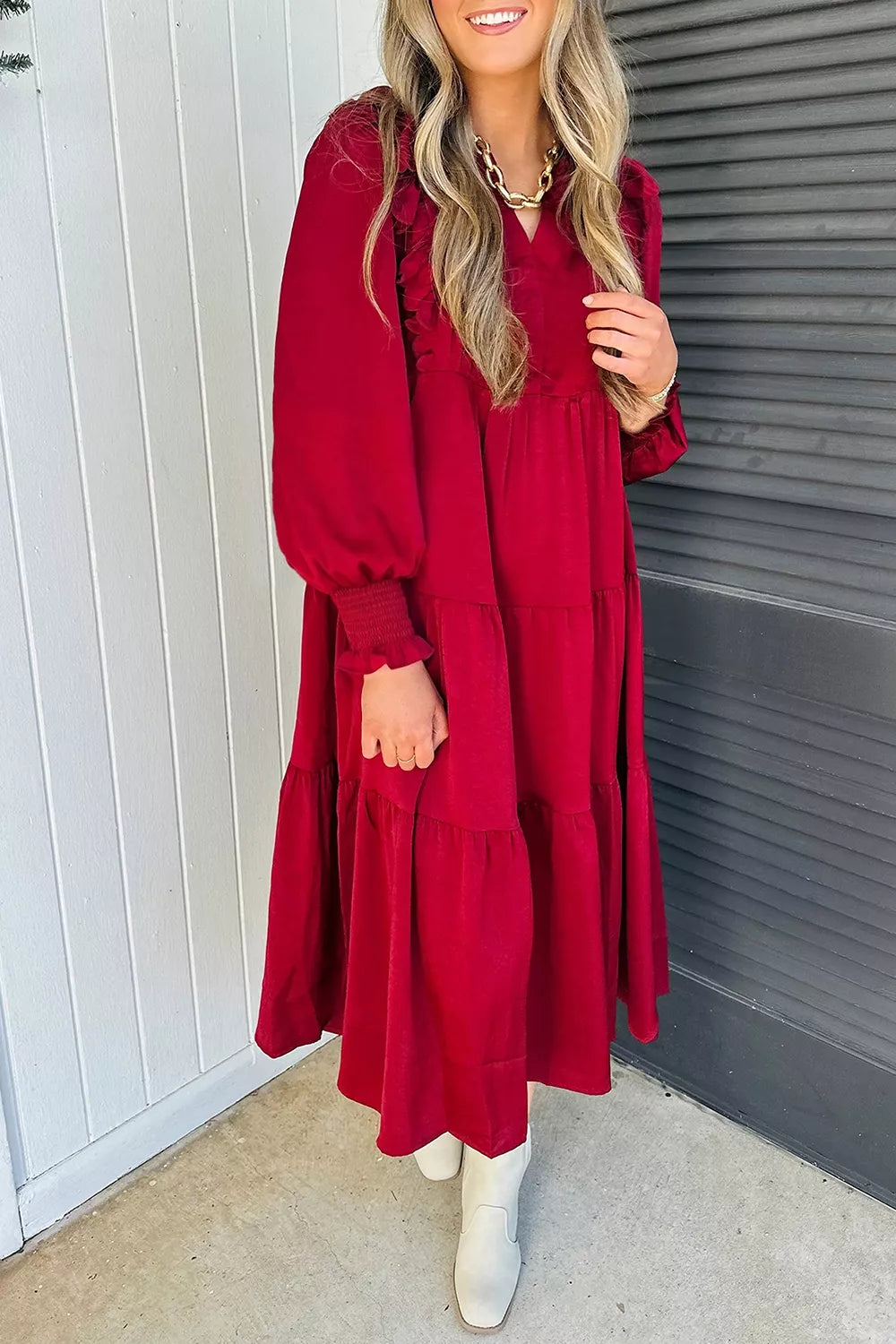 Burgundy Ruffle-Trim Tiered Midi Dress