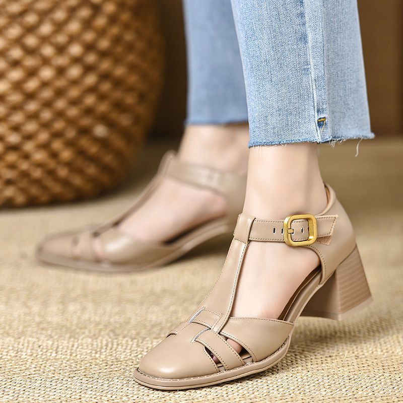 Women's Chunky Heel Peep-Toe Sandals | Hollow-Out Buckle Strap | PU Upper | Sizes 34–40
