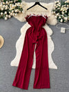 Feather-trim strapless belted wide-leg jumpsuit