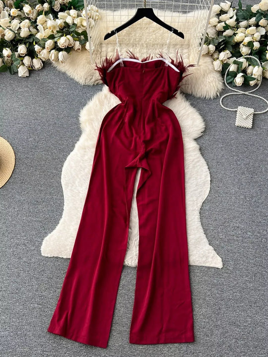 Another view: Feather-Trim Strapless Belted Wide-Leg Jumpsuit