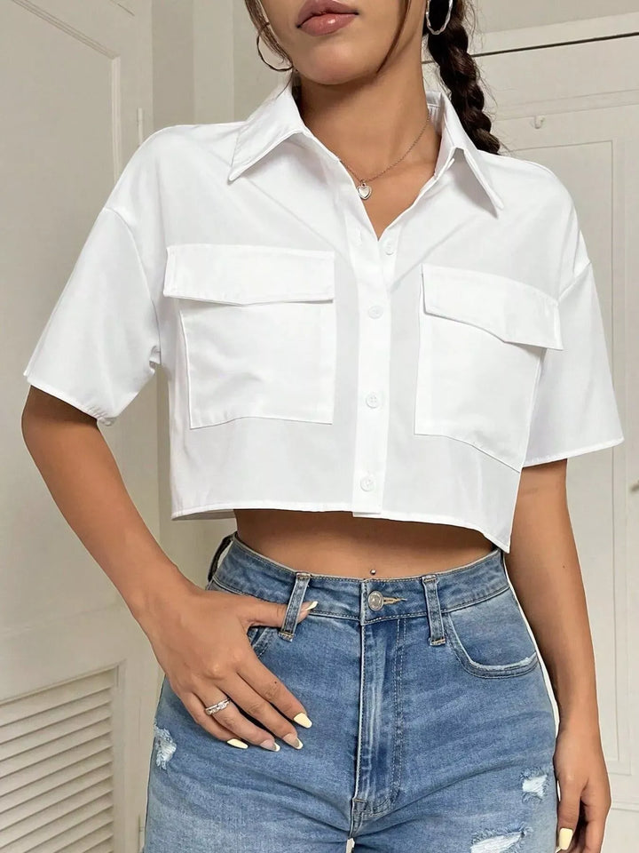 Short-Sleeve Crop Shirt with Chest Pockets