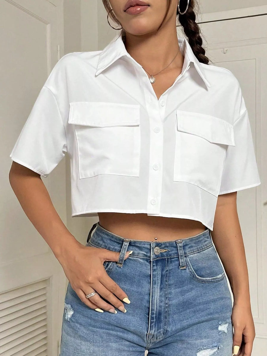 Short-Sleeve Crop Shirt with Chest Pockets