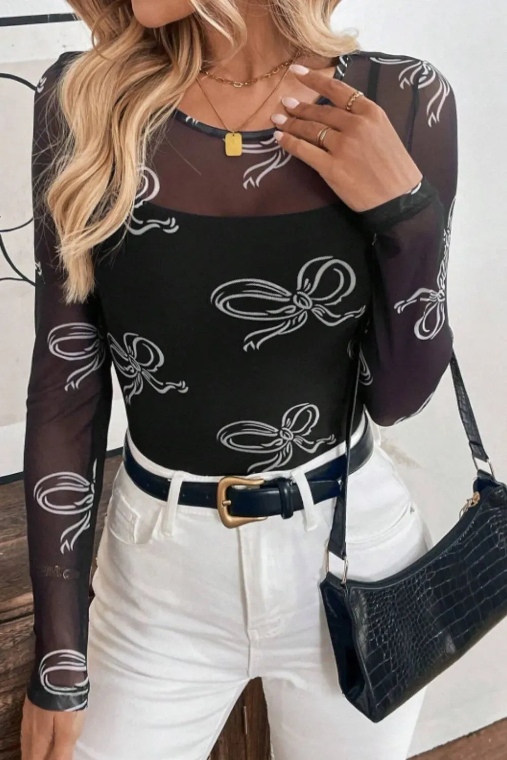 Women's Bow-Detail Round-Neck Long-Sleeve Top — photo 3