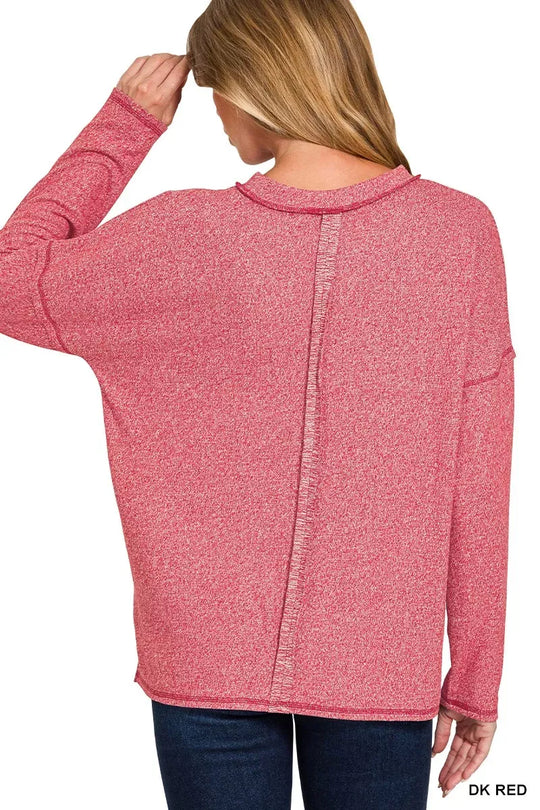 Another view: Soft Melange Hacci Round-Neck Long Sleeve T-Shirt — DK RED