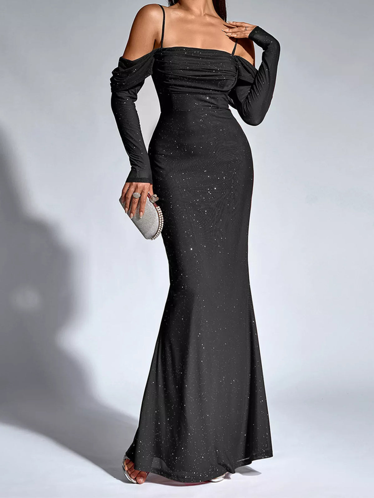 Glitter Ruched Long Sleeve Mermaid Maxi Dress